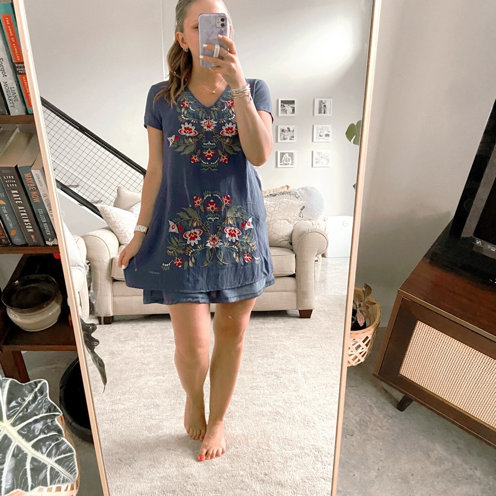 Polagram Floral Embroidered Navy Shift Dress
